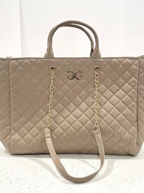 Gilda Paris Quilted Tote Bag in Taupe with Gold Chain Straps